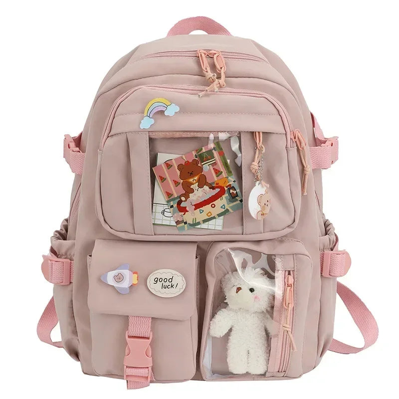 Kawaii Multi-Pocket Nylon Backpack with Clear Display Pockets