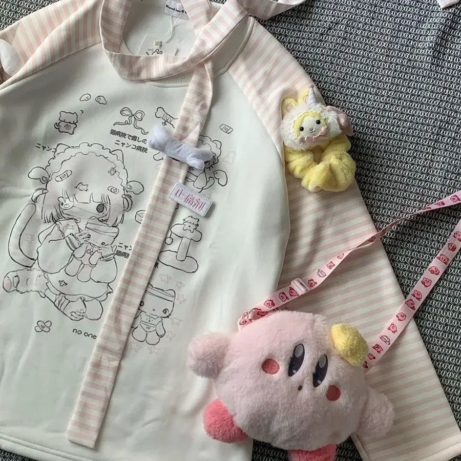Kawaii Women's Pink Striped-Sleeve Graphic Long-Sleeve T-Shirt