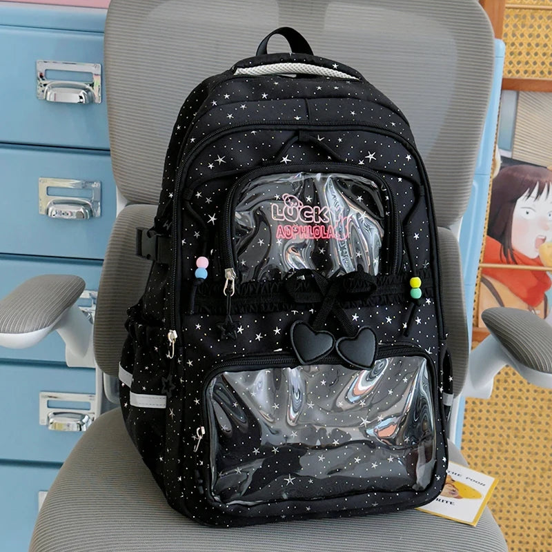 Kawaii Star-Print Multi-Pocket Backpack with Bow and Reflective Details