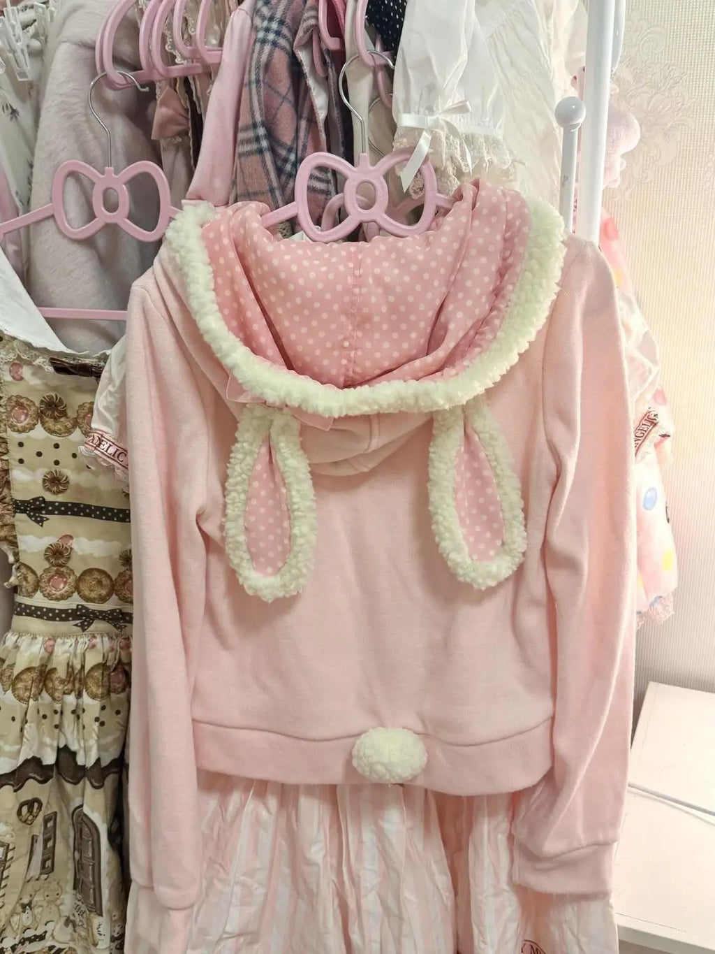 Kawaii Pink Bunny-Ear Hooded Zip-Up Jacket with Lace Trim and Bow Pockets