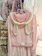 Kawaii Pink Bunny-Ear Hooded Zip-Up Jacket with Lace Trim and Bow Pockets