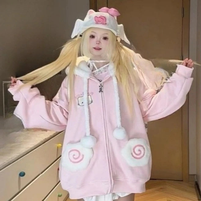Kawaii Cartoon Embroidered Zip-Up Hoodie with Pockets
