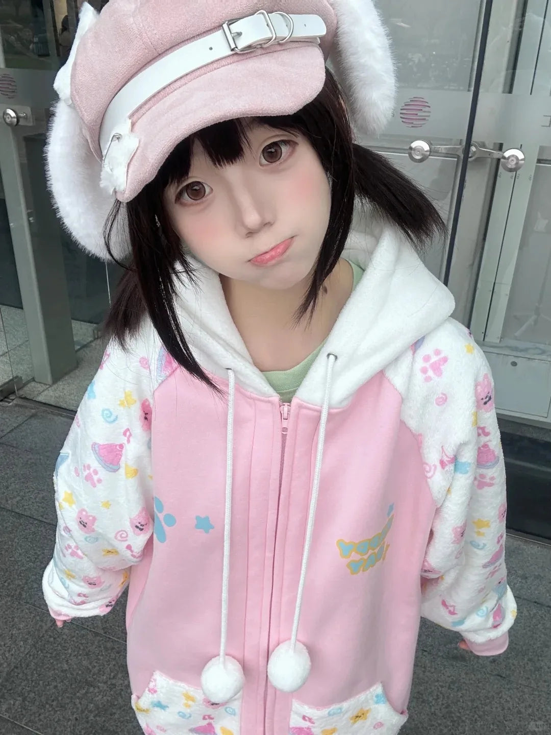 Pink Kawaii Cartoon Print Zip-Up Hoodie