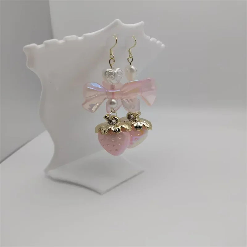 Kawaii Pastel Strawberry Bow Drop Earrings with Heart and Pearl Details