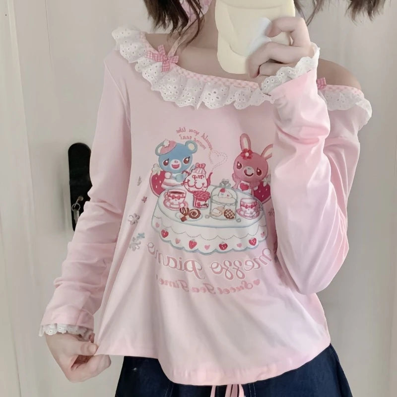 Kawaii Pink Cartoon Print Lace-Trim Long-Sleeve Top