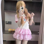 Pink and White Strawberry Graphic T-Shirt with Lace-Trim Sleeves