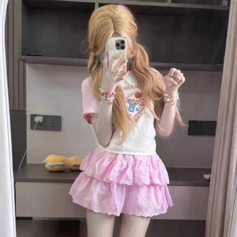 Pink and White Strawberry Graphic T-Shirt with Lace-Trim Sleeves