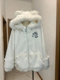 Kawaii White Hooded Jacket with Fur-Trimmed Ears, Bow and Lace Details