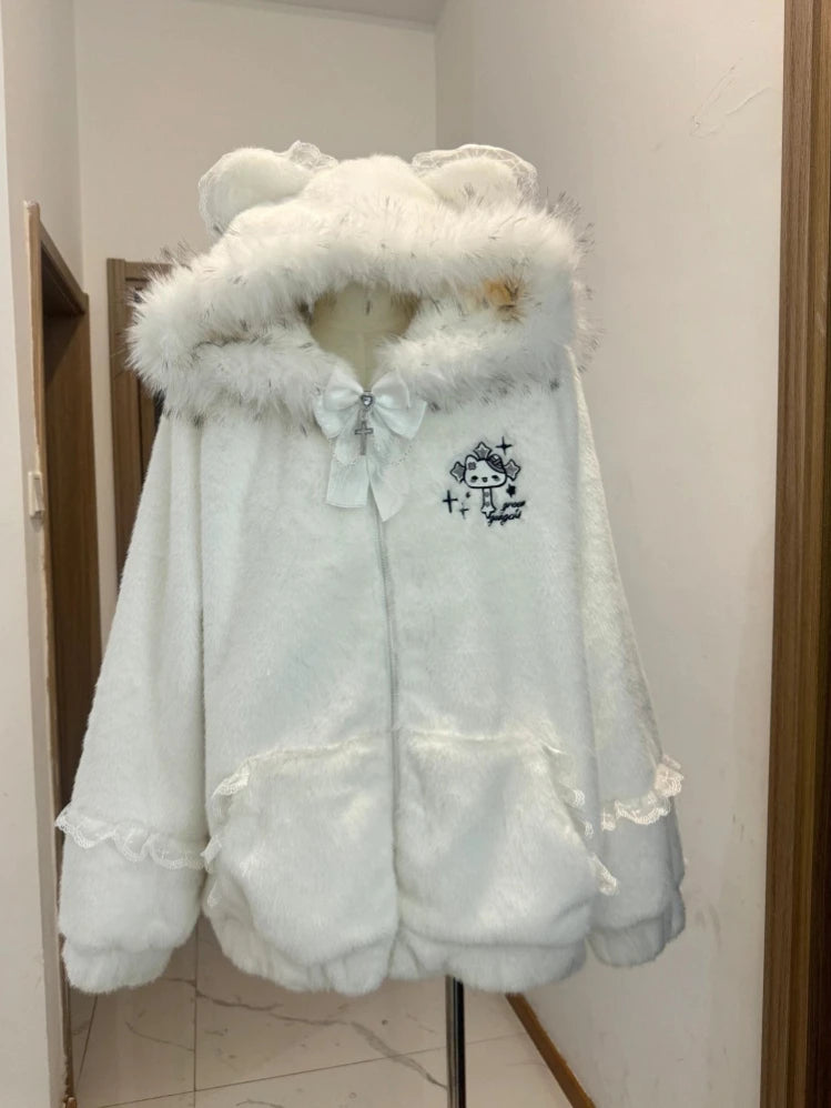 Kawaii White Hooded Jacket with Fur-Trimmed Ears, Bow and Lace Details