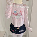Kawaii Pink Cartoon Print Lace-Trim Long-Sleeve Top