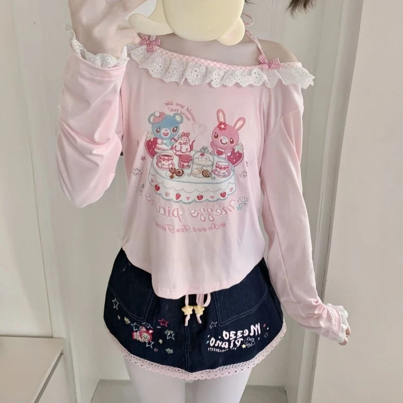 Kawaii Pink Cartoon Print Lace-Trim Long-Sleeve Top
