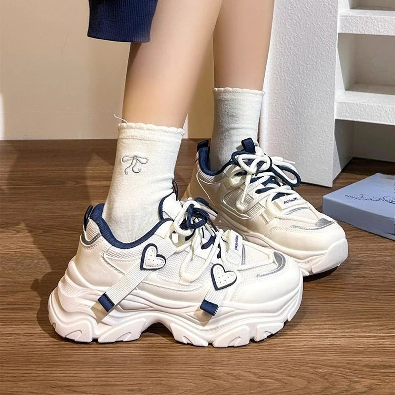 Kawaii Women's Heart Detail Lace-Up Chunky Sneakers