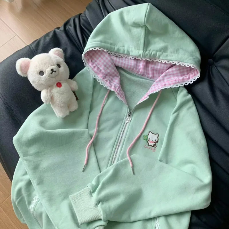 Kawaii Cat Embroidery Hooded Zip Hoodie