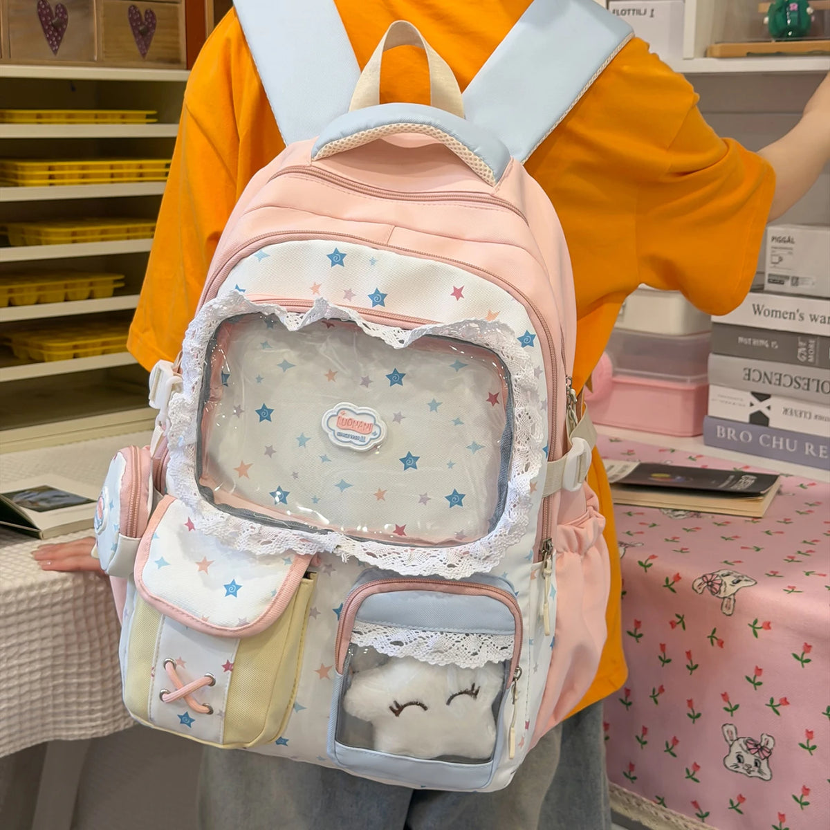 Kawaii Star Print Lace-Trim Backpack with Plush Front Pocket