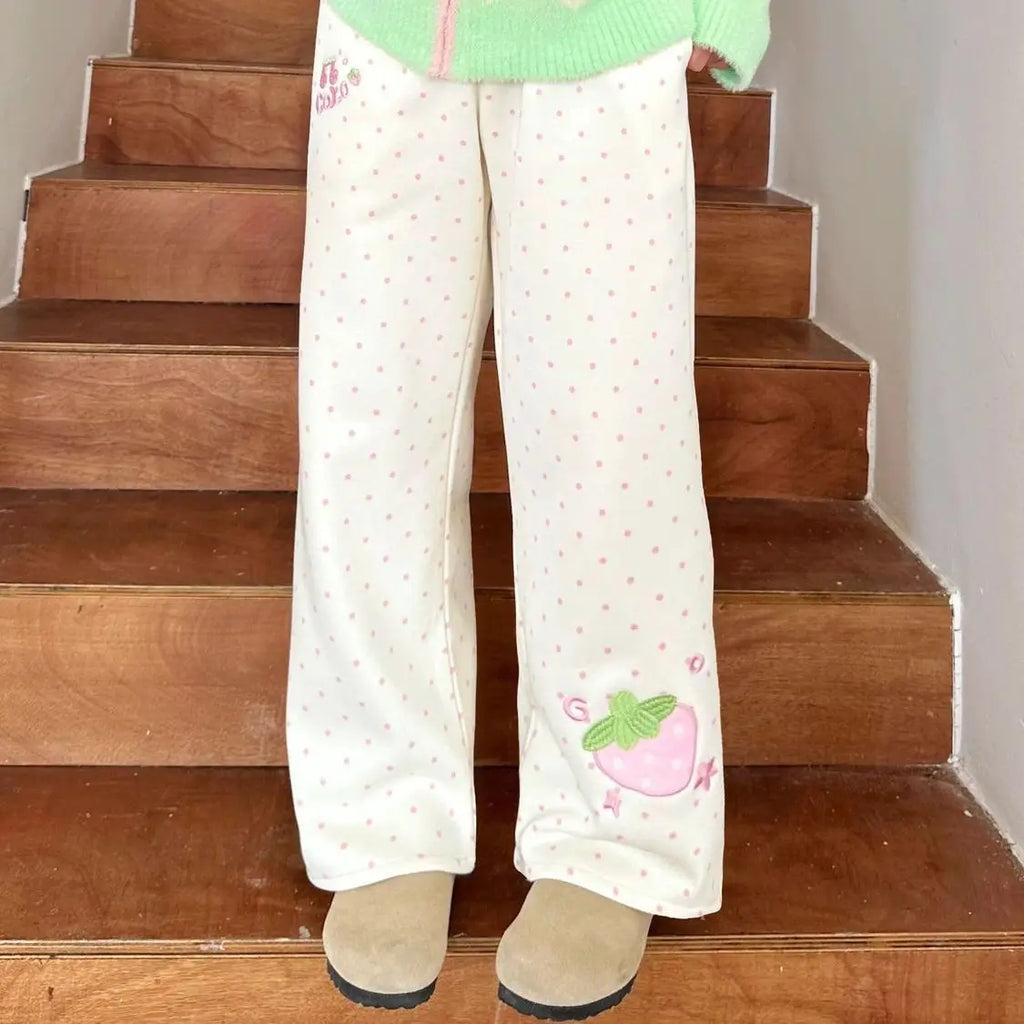 Kawaii Women's White Strawberry Embroidered Polka-Dot Pants