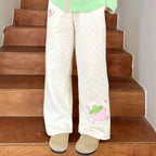 Kawaii Women's White Strawberry Embroidered Polka-Dot Pants