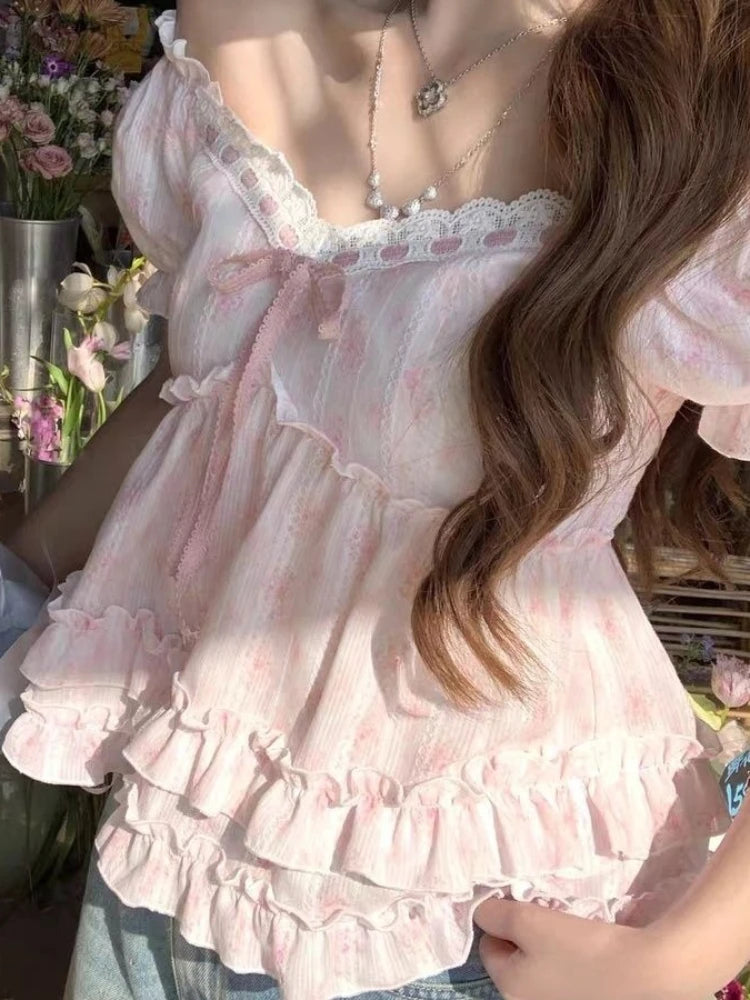Kawaii Pink Floral Puff-Sleeve Ruffle Top
