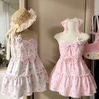 Kawaii Strawberry Print Bow Mini Dress