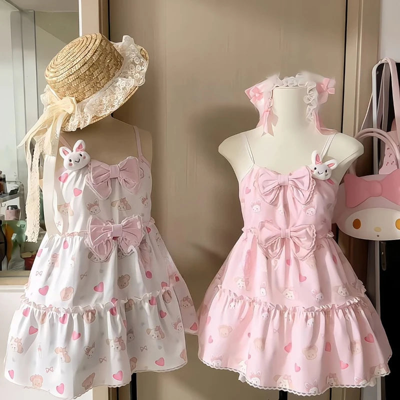 Kawaii Strawberry Print Bow Mini Dress