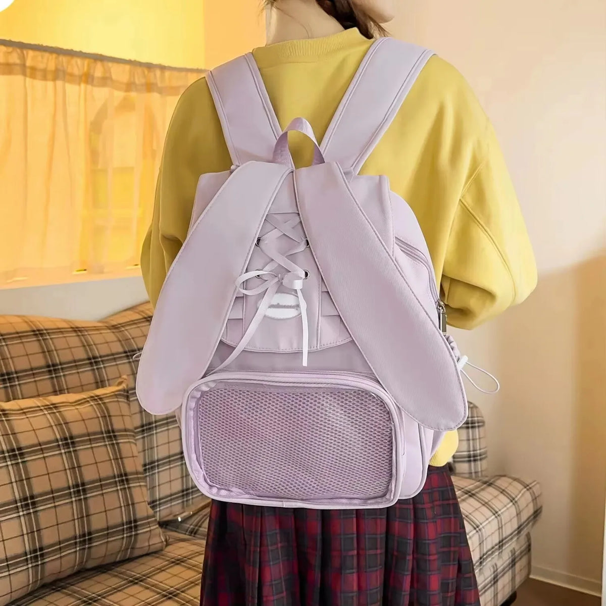 Kawaii Rabbit-Ear Ita Backpack with Transparent Front Pocket