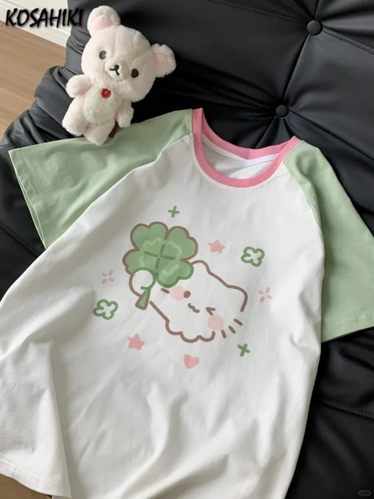 Kawaii Cartoon Cat Graphic T-Shirt – Pink and Green Contrast