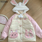 Kawaii Bear-Ear Hooded Padded Jacket with Embroidery