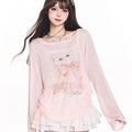 Kawaii Pink Cat Print Long-Sleeve T-Shirt