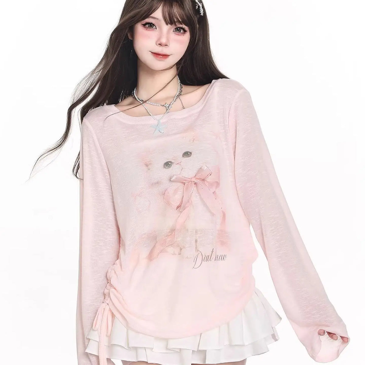 Kawaii Pink Cat Print Long-Sleeve T-Shirt