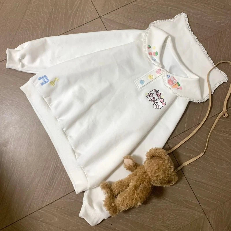 Kawaii Embroidered Lace-Collar Pullover Sweatshirt