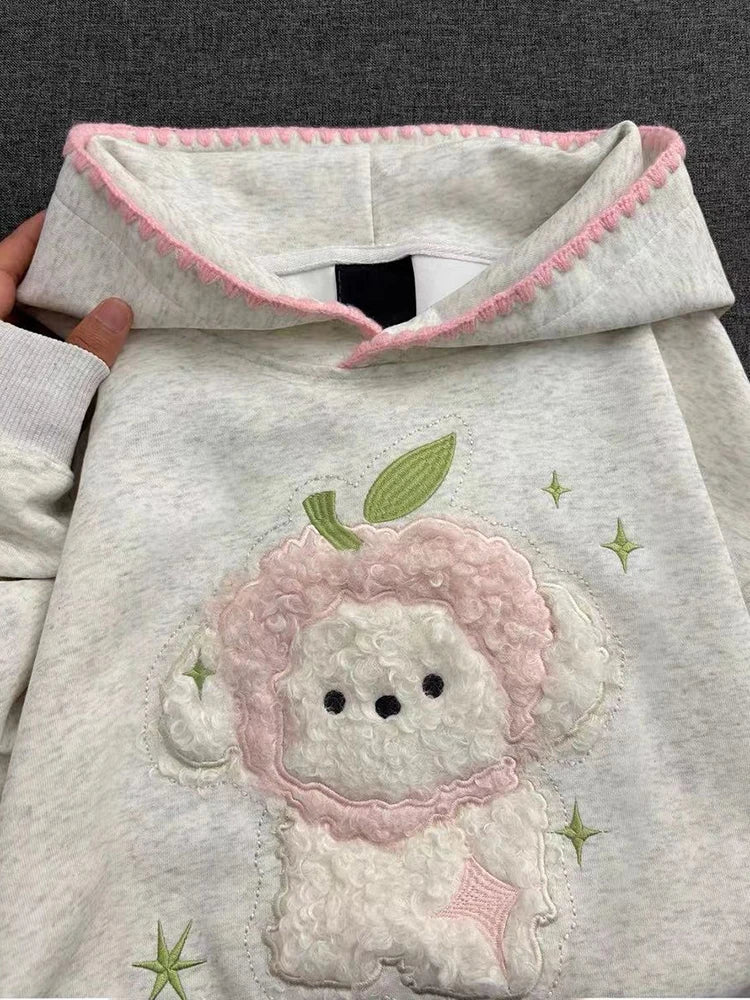 Kawaii Women's Light Gray Embroidered Sheep Hooded Pullover Sweatshirt