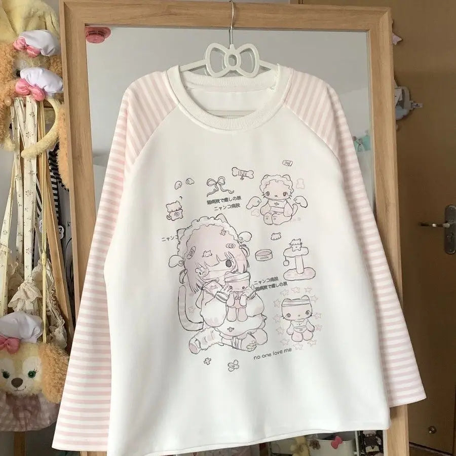 Kawaii Women's Pink Striped-Sleeve Graphic Long-Sleeve T-Shirt