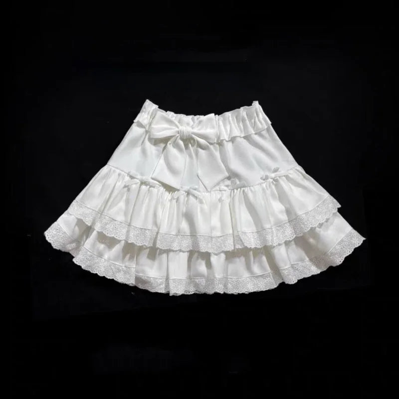 Milk White Kawaii Lolita Pleated Ruffle Skirt with Bow