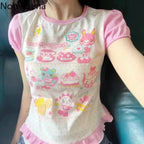 Kawaii Pink Cartoon Print T-Shirt with Ruffle Hem