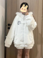 Kawaii White Hooded Jacket with Fur-Trimmed Ears, Bow and Lace Details