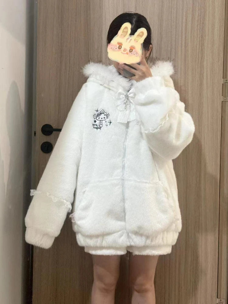 Kawaii White Hooded Jacket with Fur-Trimmed Ears, Bow and Lace Details