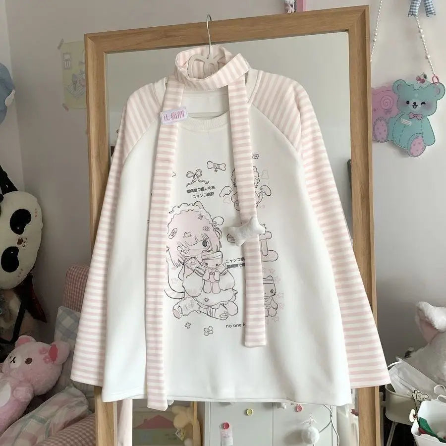 Kawaii Women's Pink Striped-Sleeve Graphic Long-Sleeve T-Shirt