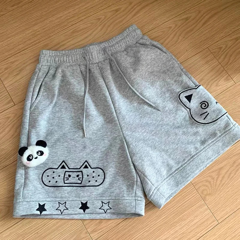 Kawaii Cat Appliqué Wide-Leg Shorts