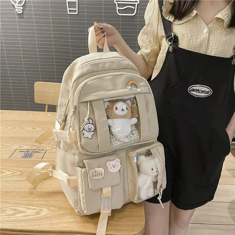 Kawaii Multi-Pocket Backpack – White, Purple or Black