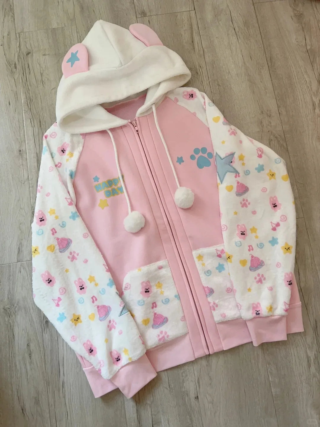 Pink Kawaii Cartoon Print Zip-Up Hoodie
