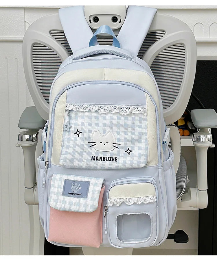 Kawaii Gingham Cat Backpack with Multiple Pockets