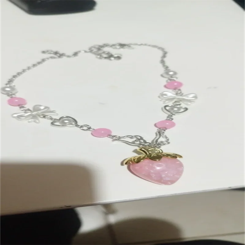 Kawaii Pink Strawberry Pendant Necklace with Bow and Heart Details