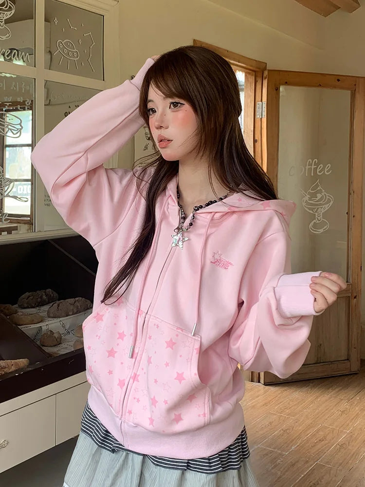 Kawaii Pink Star Print Zip-Up Hoodie