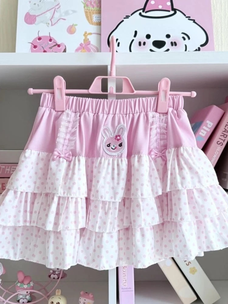 Kawaii Pink Polka Dot Ruffle Mini Skirt with Bunny Appliqué