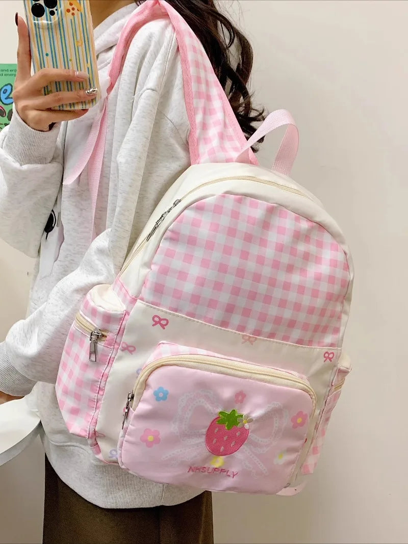 Kawaii Pink Plaid Strawberry Bow Backpack