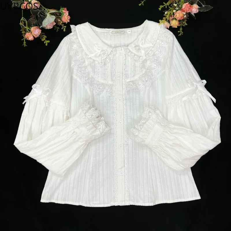 Kawaii Women's Victorian Lace Bow Blouse with Peter Pan Collar