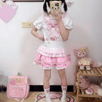 Kawaii Cat Print Ruffle T-Shirt with Bow Detail