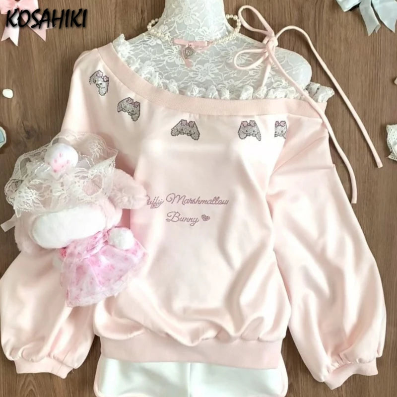 Kawaii Pink Lace-Trimmed Bow Print Pullover Sweatshirt