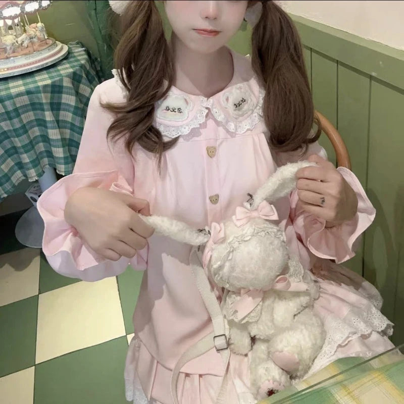 Kawaii Pink Embroidered Peter Pan Collar Blouse with Lace Trim