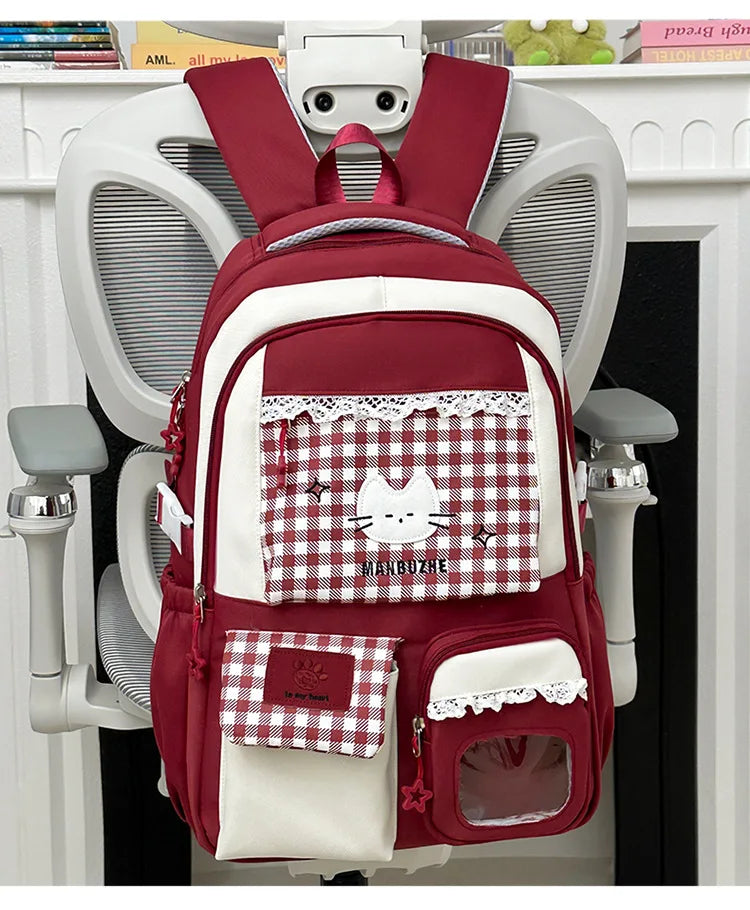 Kawaii Gingham Cat Backpack with Multiple Pockets