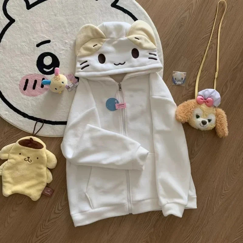 Kawaii Women's White Cat-Ear Hooded Zip Jacket